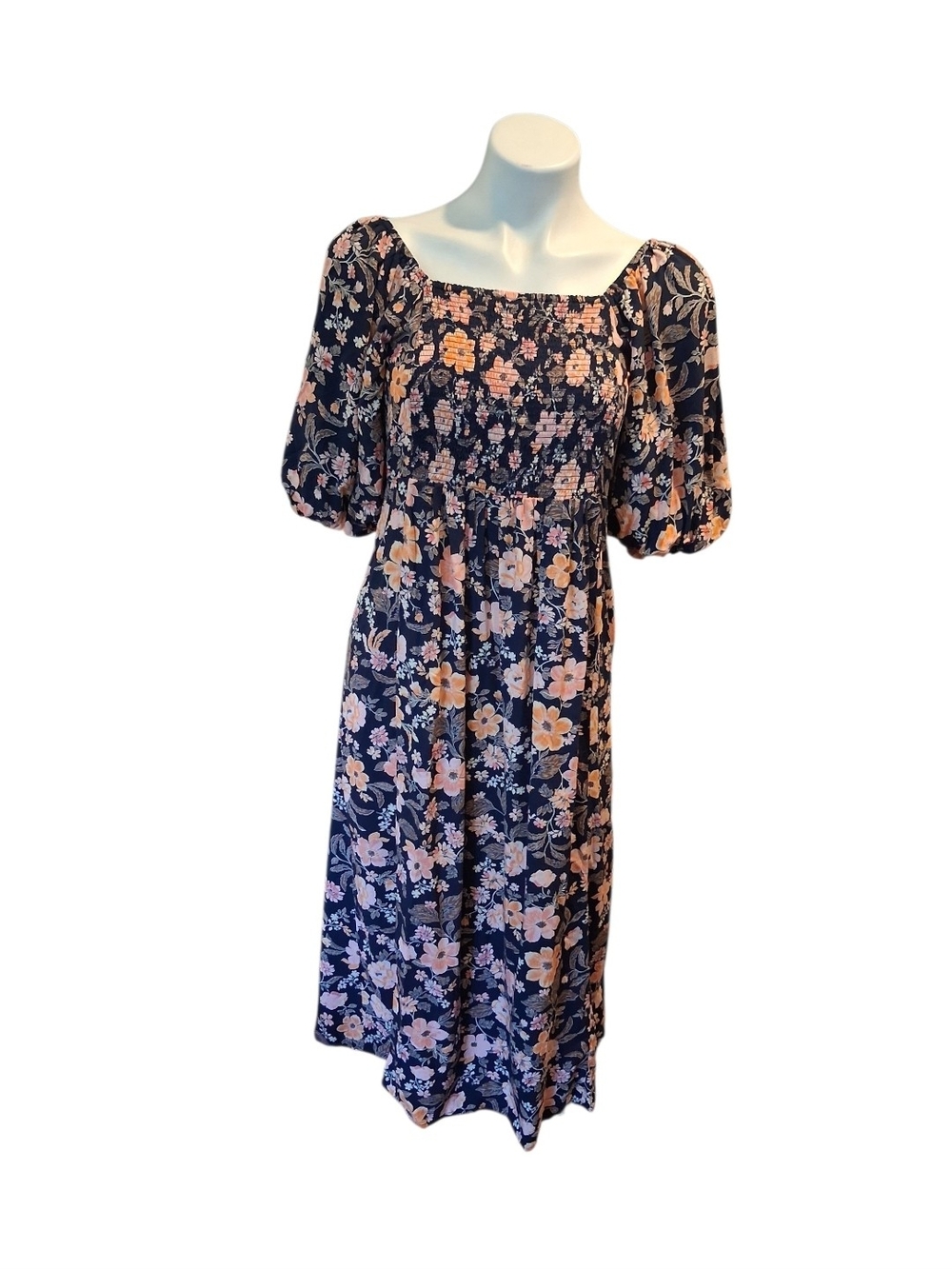 Navy Floral Puff Sleeve Midi Dress